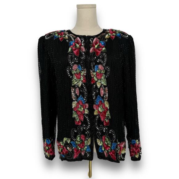 Vintage Jackets & Blazers - Vintage 1980s American Night Black Beaded Silk Evening Jacket, Floral Sequin, S